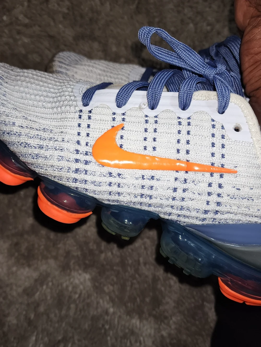 Nike VaporMax Flyknit Shoes - White with Orange and Navy 6Y